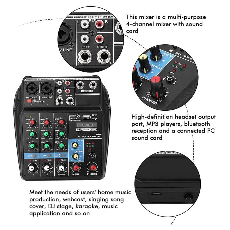 Sound Mixing delay Repaeat Effect 4Channels USB Audio Mixer studio rec 4