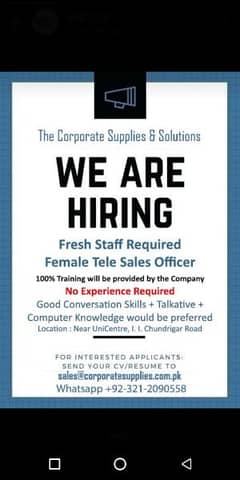 Female required for Tele marketing