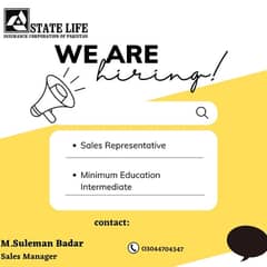 join statelife insurance corporation as Sales representative