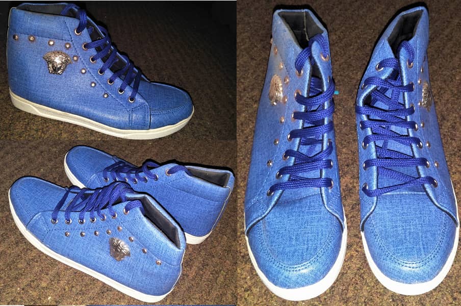 New High-Top Blue Canvas Sneakers With Silver Face Emboss Logo Shoes 0