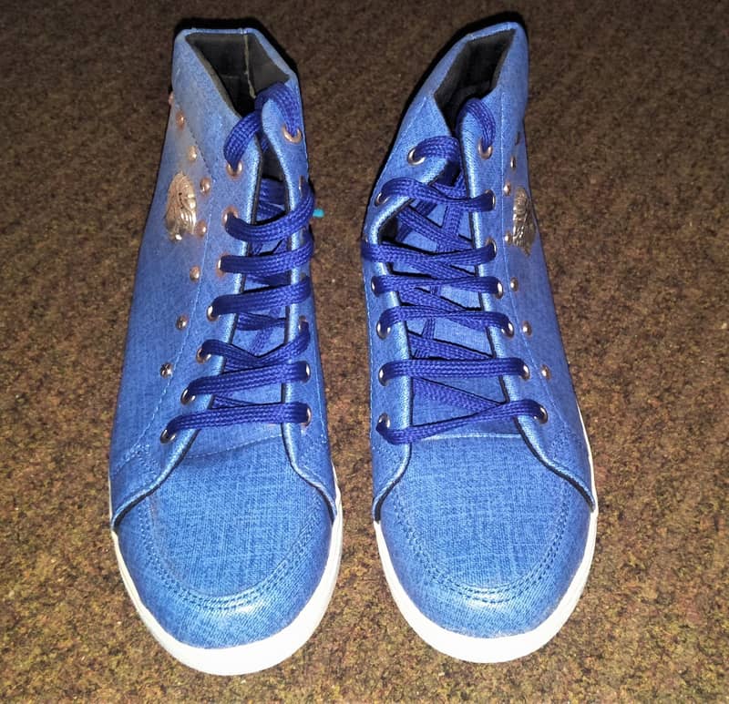 New High-Top Blue Canvas Sneakers With Silver Face Emboss Logo Shoes 2