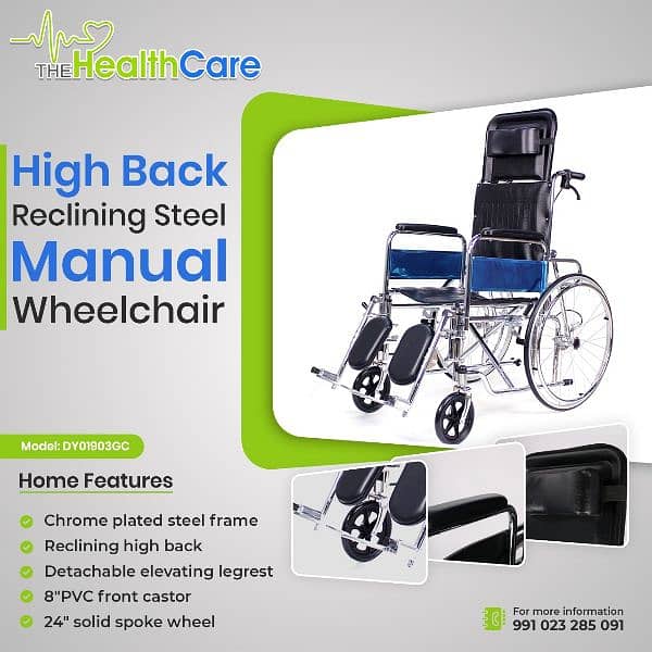 wheelchair folding orthopedic. reclining high back. elevating footres. 5