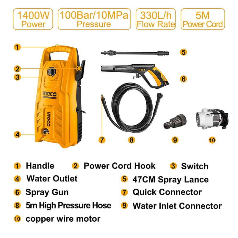 Imported INGCO Brand High Pressure Washer - 130 Bar 2