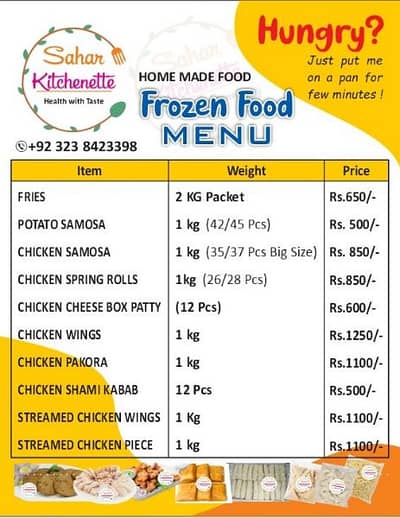 home made frozen food chicken ( fries,roll, samosa, drummer, pakora, )