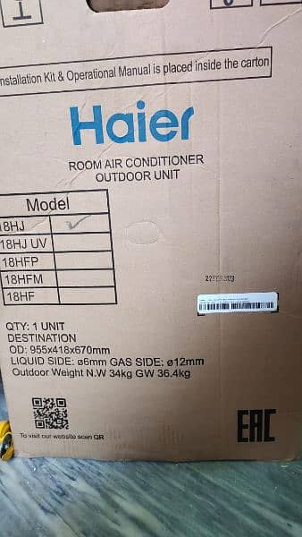 Haier 1.5 Ton Company packed Split AC. Model 18HJ (Puri) 2