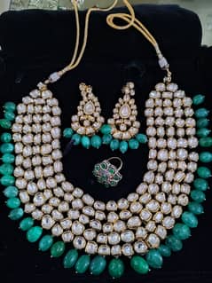 Jaipur and Co Jewelry Set Gold Plated with Large Polki and Emeralds