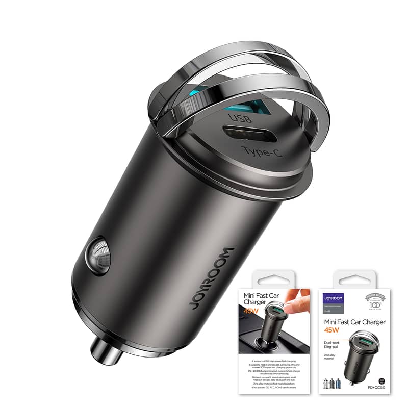 JOYROOM C-A35 45W Mini Dual-port PD+QC 3.0 Ring-pull Fast Car Charger 0