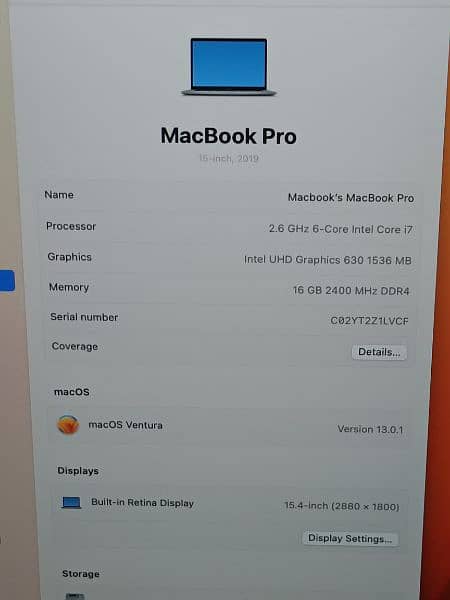 MACBOOK Pro Late 2019 15'' Core i7 6 Core 2.6 16GB 256GB 4GB CARD 1