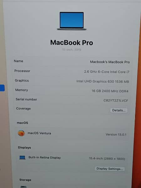 MACBOOK Pro 2019 15'' Core i7 6 Core 2.6 16GB 256GB 4GB CARD 1