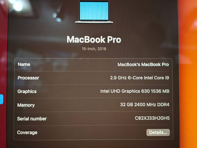 MacBook Pro 2018 Core i9 32GB 512GB 4GB GC 15" CTO Model A1990 1