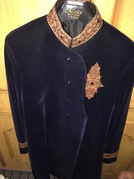 Blue Velvet Shirwani with Kulha & Kuhsa 0