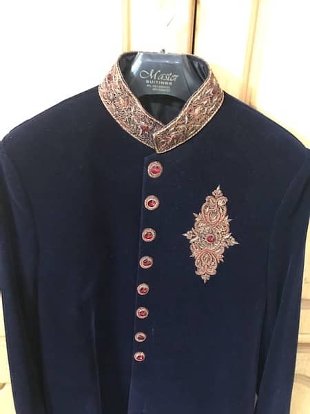 Blue Velvet Shirwani with Kulha & Kuhsa 3