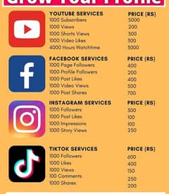 Social media services available likes, views, subscribers and follower