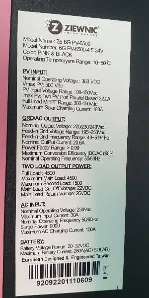 Ziewnic Z5 Solar Hybrid Inverter 4.5 (KVA) 6G PV6500 4