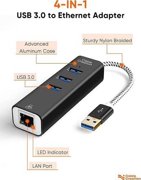 CableCreation USB3.0 TO 3-port USB 3.0 Hub + Gigabit Ethernet Adapter 1