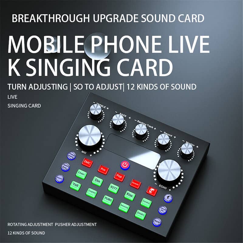 V8s Sound Card, Eco music Effects, song Recording for 2 mics connect 2