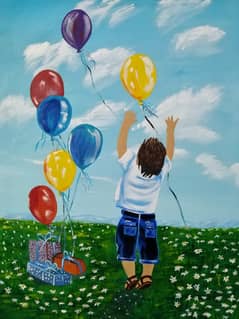 Acrylic painting of happy kid or child