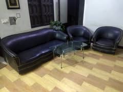 Black leather 5 seater sofa with table