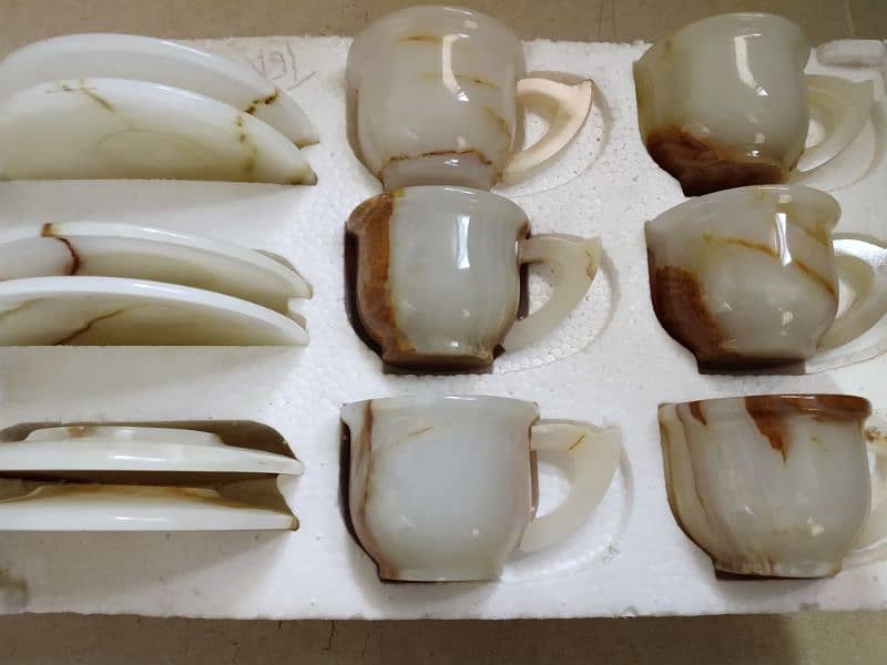 Artisanal Hand-Carved Marble/Onyx Tea Set: 6 Cups and 6 Saucers. 5