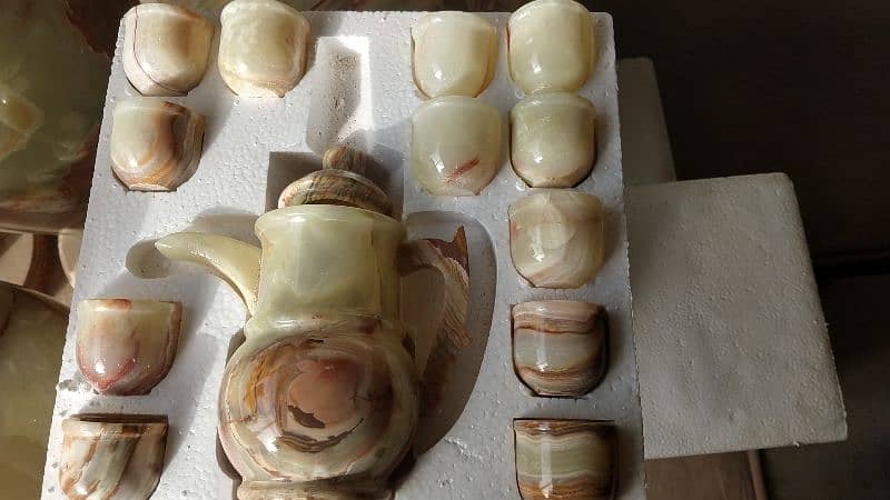 Artisanal Hand-Carved Marble/Onyx Tea Set: 6 Cups and 6 Saucers. 6