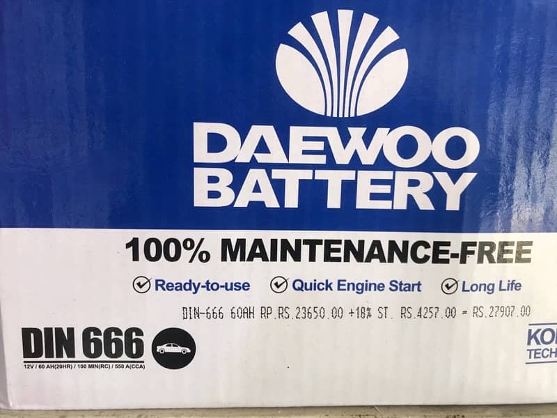 Daewoo DIN-666 100% Maintenance Free battery 1 year warranty 1