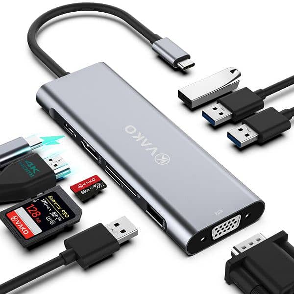 Vako Multiport USB-C-Hub-Adapter 9in1 4K HDMI VGA SD Card MicroUSB 3.0 8