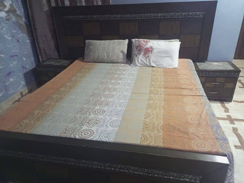 Double bed with side table, matress, 2 seater sofa, center table 0