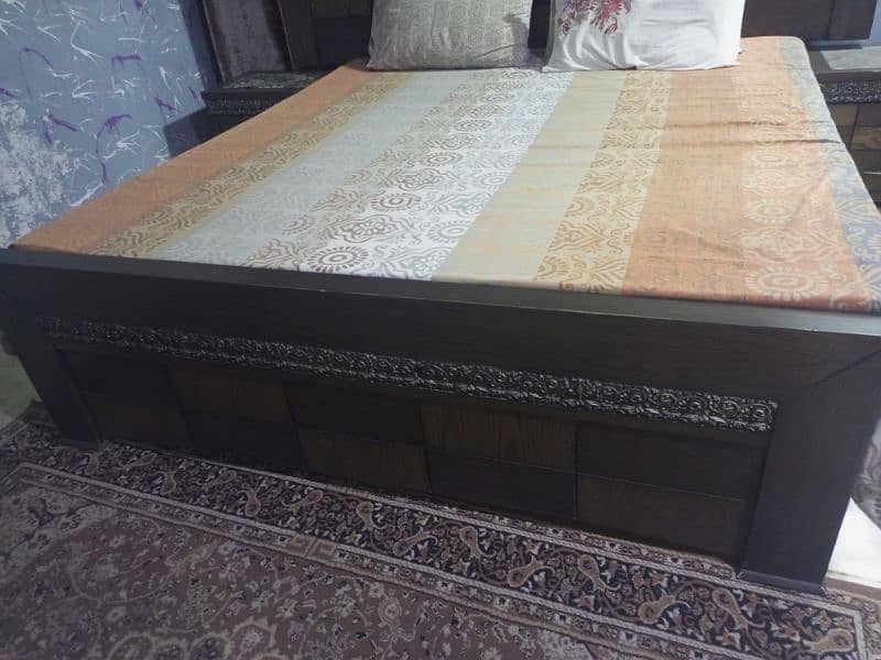 Double bed with side table, matress, 2 seater sofa, center table 1