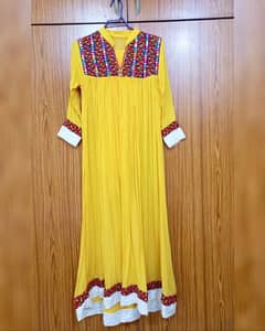 Yellow Long frock with chori dar pajama and tie & dye dupata