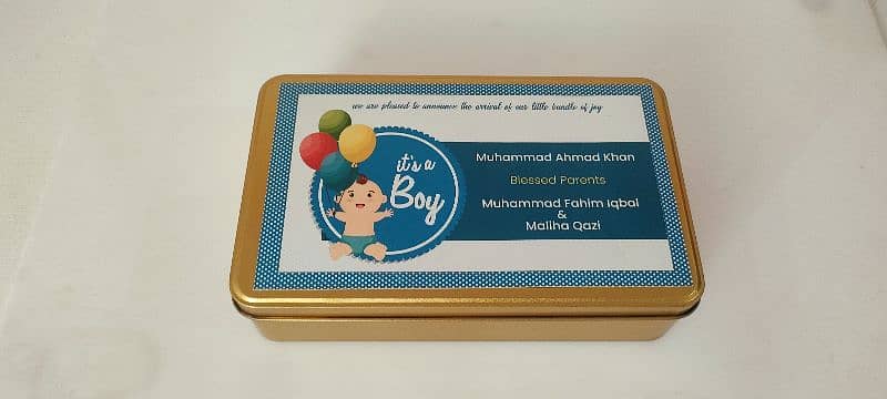 Golden Tin Baby Announce Box with customize Sticker 1