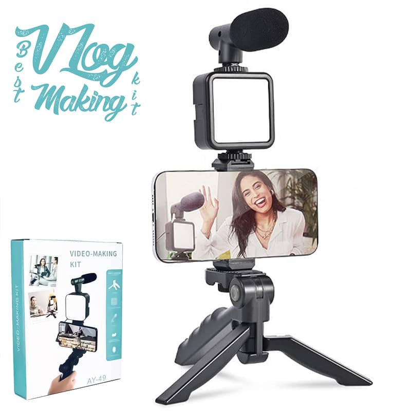 Vlogging Kit, Video Making kit, with tripod stand, Microphone, Led Lig 0