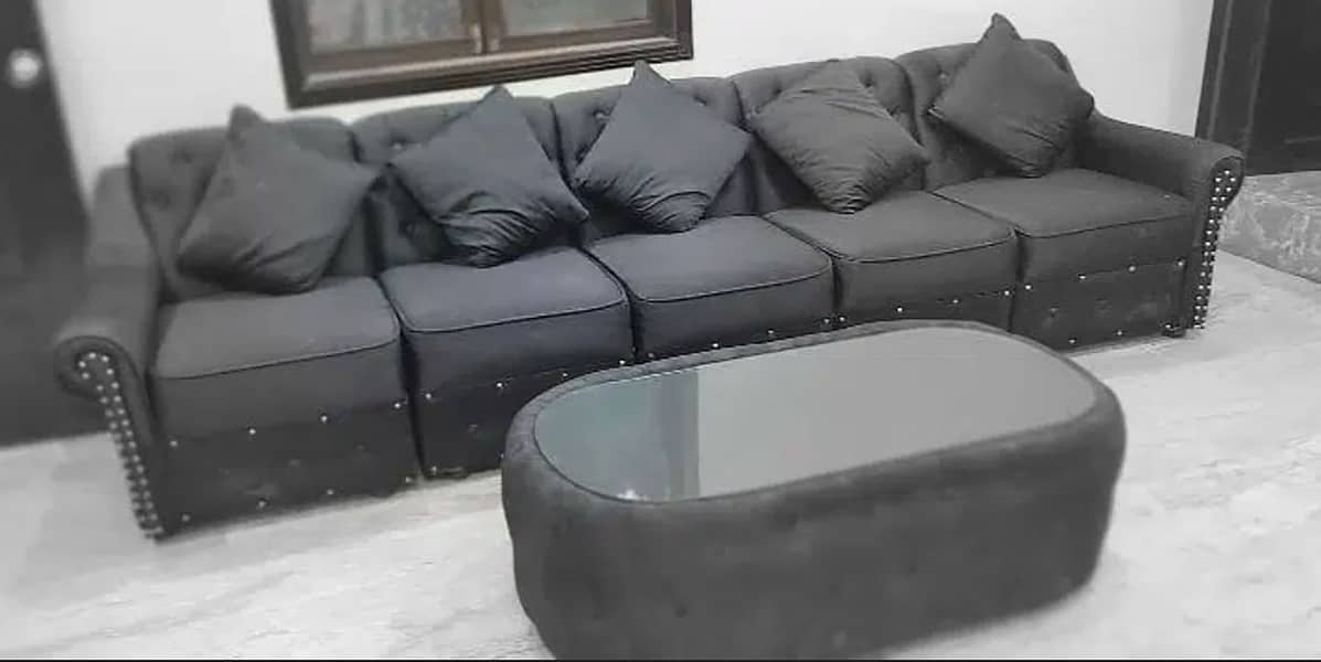 5 Seater Sofa set Glass Table, American Fabric Stuff with Moltyfoam 1