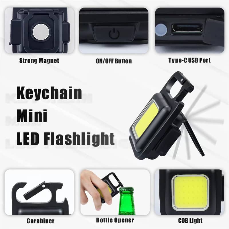 Multifunctional Mini COB Led Keychain Light USB Rechargeable 6
