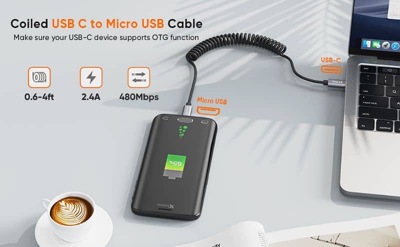 Coiled USB C to Micro USB OTG 480Mbps Type C to Micro USB Cable 12