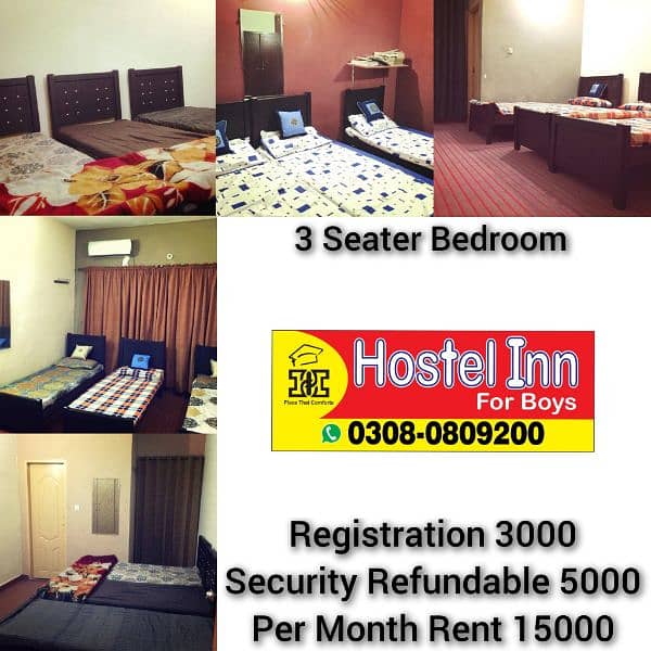 Boys Hostel in Johar Town Faisal model 2 3 seater bedroom seat per day 15