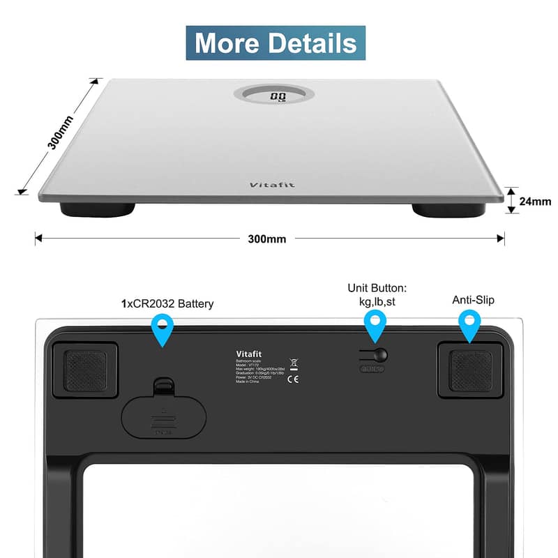 Vitafit Anti-Slip Smart Digital Body Weight Bathroom Scale for Weighing and BMI with App,clear LED Display and Batteries Include, Black