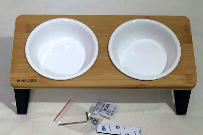 Ceramic Pet Feeding Bowls with Wood & Metal Stand 0