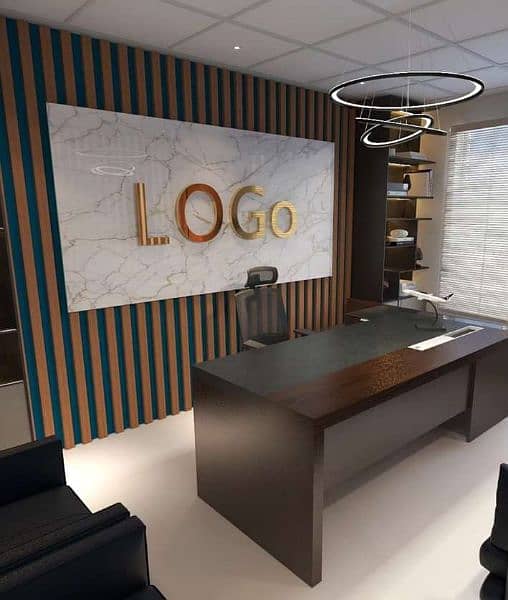 Office decor,glass paper,logo design,wpc panel,pvc ceiling,tv console, 3