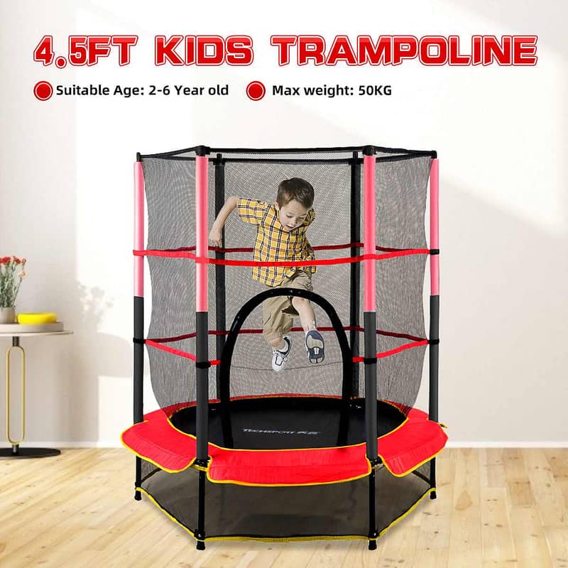 55" Kids Trampoline with Safety Net and Red Cover Garden 03020062817 1