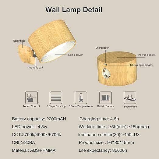 Wall Light LED Wall lamp with Rechargeable Battery Operated 3