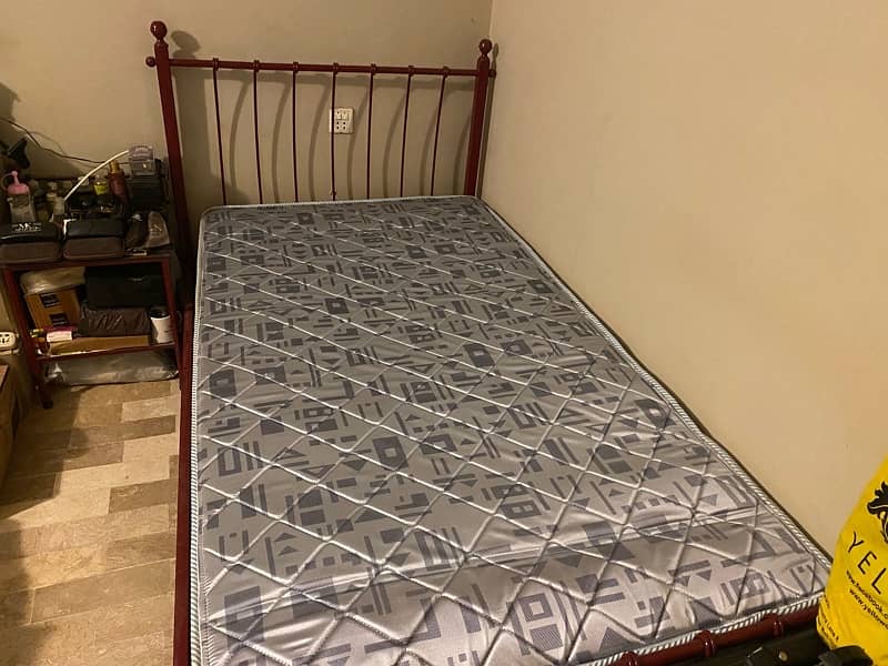 KING SIZE SINGLE IRON BED WITH MATTRESS AND SIDE TABLE 0
