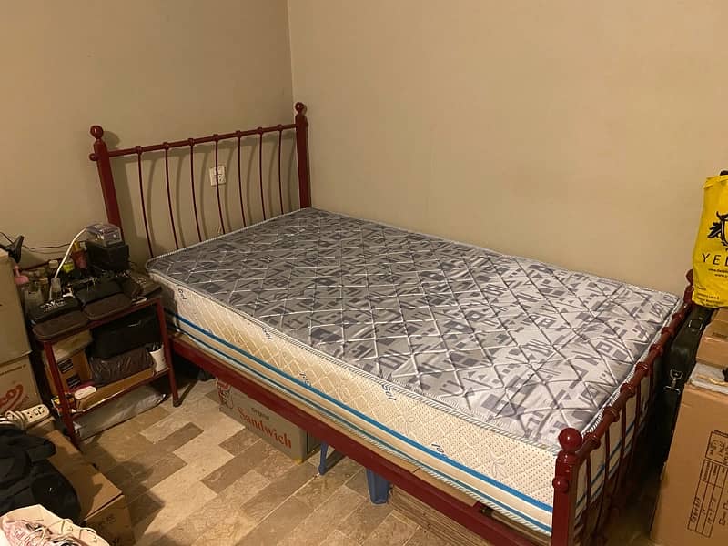 LARGE SIZE SINGLE IRON BED WITH MATTRESS AND SIDE TABLE 1