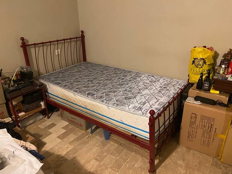 LARGE SIZE SINGLE IRON BED WITH MATTRESS AND SIDE TABLE 2