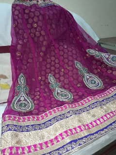 pink net lehenga and green jamawaar open short shirt.