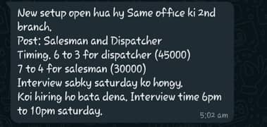 We are hiring Females and Males  Salesman and Dispatcher