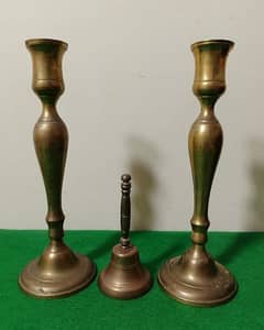 antique vintage brass candle holders and  bell