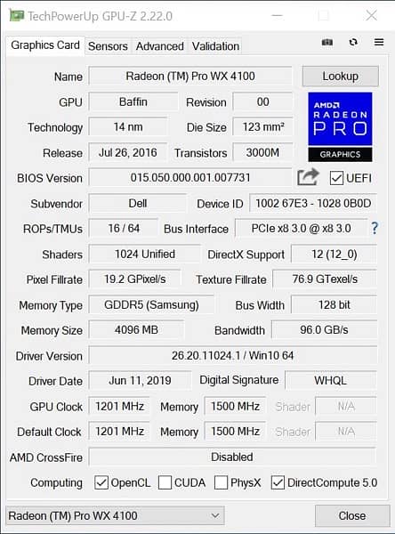 AMD Radeon Pro WX 4100 Graphics card 4gb 128bit 1
