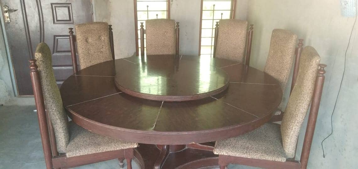 Revolving top round wooden dining table set with 6 chairs 7