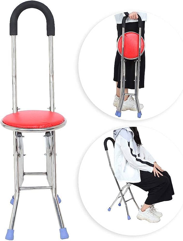 Walking Stick Chair, Stainless Steel Four Legs Folding Crutch Stool Wa 0