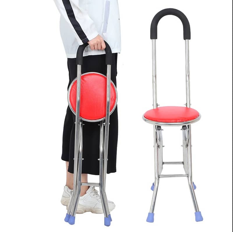 Walking Stick Chair, Stainless Steel Four Legs Folding Crutch Stool Wa 1